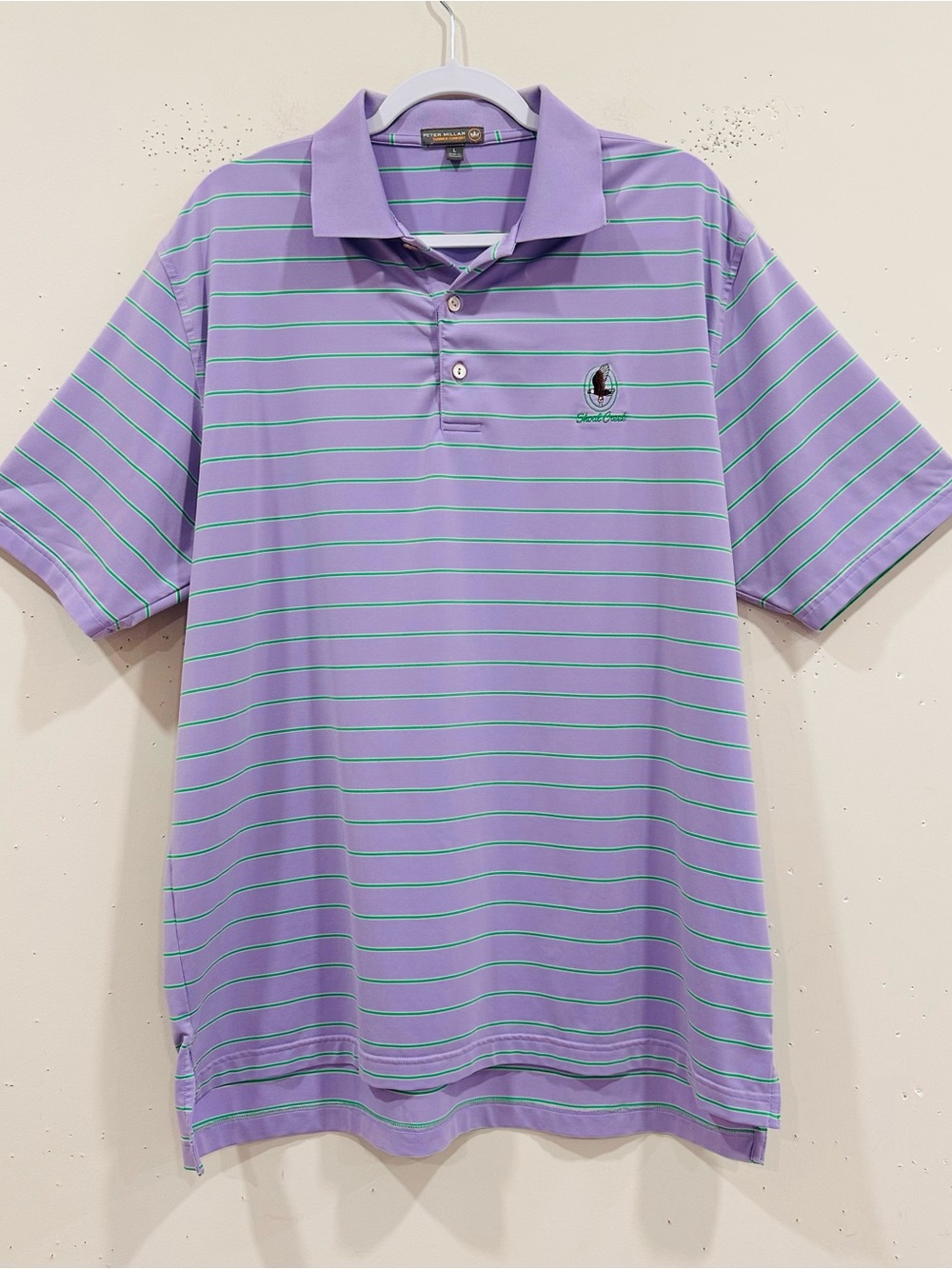 Peter Millar Summer Comfort Polo Shirt Mens L Purple Green Striped Shoal Creek